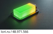 A glowing 3D battery icon with animated charging effect, green to yellow gradient, tech-inspired dark interface, wireless charging technologies. Стоковое AI-видео, аниматор Sergey Grishin / Фотобанк Лори