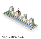 Isometric projection of the vector of a medieval castle with a moat and gate. Стоковая иллюстрация, агентство Ingram Publishing / Фотобанк Лори