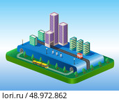 Isometric view of the city on the basis of color with a yellow train. Стоковая иллюстрация, агентство Ingram Publishing / Фотобанк Лори