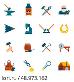 Blacksmith icon flat set with hammer blower fireplace horseshoe isolated vector illustration. Стоковая иллюстрация, агентство Ingram Publishing / Фотобанк Лори