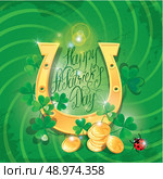Holiday card with calligraphic words Happy St. Patrick`s Day. Shamrock, horseshoe, ladybug and golden coin on dark green background. Стоковая иллюстрация, агентство Ingram Publishing / Фотобанк Лори