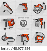 Power tool set. Vector illustration. Builder equipment. Power tool set. Vector illustration. Стоковая иллюстрация, агентство Ingram Publishing / Фотобанк Лори