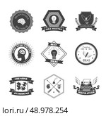 Muse brainstorm creative solution and inspiration label set isolated vector illustration. Стоковая иллюстрация, агентство Ingram Publishing / Фотобанк Лори