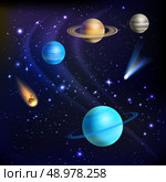 Space background with solar system planets comets and meteors vector illustration. Стоковая иллюстрация, агентство Ingram Publishing / Фотобанк Лори
