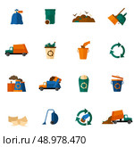 Garbage icons flat set with dumpster trash bin cleaning bulldozer isolated vector illustration. Стоковая иллюстрация, агентство Ingram Publishing / Фотобанк Лори