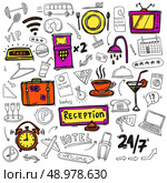 Hotel premium full service concept symbols of restaurant catering 24h tv facilities abstract doodle sketch  vector illustration. Стоковая иллюстрация, агентство Ingram Publishing / Фотобанк Лори