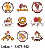 Sweetshop confectionary cake store donuts desserts symbols and ice-cream emblems labels  collection sketch abstract isolated vector illustration. Стоковая иллюстрация, агентство Ingram Publishing / Фотобанк Лори