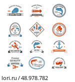 Vintage seafood traditional products restaurant emblems colored set isolated vector illustration. Стоковая иллюстрация, агентство Ingram Publishing / Фотобанк Лори