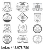 University labels crests sheilds and insignias set with lion griffin and graduation hat education symbols isolated vector illustration. Стоковая иллюстрация, агентство Ingram Publishing / Фотобанк Лори