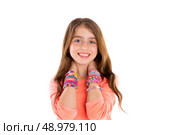 Loom rubber bands bracelets blond kid girl smiling hands in neck on white background. Стоковое фото, агентство Ingram Publishing / Фотобанк Лори