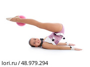 Kid girl ball rhythmic gymnastics exercise on white background. Стоковое фото, агентство Ingram Publishing / Фотобанк Лори