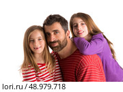 Happy family beard father and two kid daughters blue eyes on white background. Стоковое фото, агентство Ingram Publishing / Фотобанк Лори
