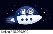 Cats and dogs explore space in a colorful spaceship illustration. Кошки и собаки осваивают космос на красочной иллюстрации космического корабля. Стоковое AI-изображение, AI-художник Katsiaryna Repich / Фотобанк Лори