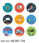 Icons for web design, seo, social media and pay per click internet advertising, analytics, business, management, marketing, adaptive design, digital marketing  in flat design. Стоковая иллюстрация, агентство Ingram Publishing / Фотобанк Лори