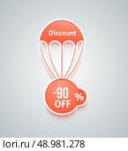 Set of cut paper red parachutes with discount text on retro style background. Стоковая иллюстрация, агентство Ingram Publishing / Фотобанк Лори