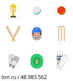 Cricket sport game icons set with protective leg guard and helmet and trophy abstract isolated vector illustration. Cricket icons set flat. Стоковая иллюстрация, агентство Ingram Publishing / Фотобанк Лори