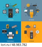 Computer parts design concept set with hardware network peripherals storage flat icons isolated vector illustration. Стоковая иллюстрация, агентство Ingram Publishing / Фотобанк Лори