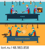 Blacksmith workshop with men working with forging metal flat vector illustration. Стоковая иллюстрация, агентство Ingram Publishing / Фотобанк Лори