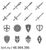 Medieval crusader heraldic battle shields and historic  templar knights long steel swords black abstract isolated vector illustration. Shield swords emblems icons set. Стоковая иллюстрация, агентство Ingram Publishing / Фотобанк Лори