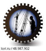 badge with worker man with sunrise background. Стоковая иллюстрация, агентство Ingram Publishing / Фотобанк Лори