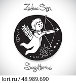Sagittarius zodiac sign of horoscope circle emblem in cartoon style. Vector illustration.. Sagittarius zodiac sign of horoscope circle emblem in cartoon style. . Стоковая иллюстрация, агентство Ingram Publishing / Фотобанк Лори