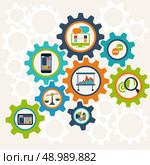 Concept of interconnection business processes, abstract design of gearwheel mechanism of modern devices. Стоковая иллюстрация, агентство Ingram Publishing / Фотобанк Лори