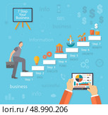 Businessman going up. Business man with case rises to top step of stairs. 7 steps text idea execute fund profit growth benefit flat design style. Стоковая иллюстрация, агентство Ingram Publishing / Фотобанк Лори