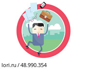 Happy young businessman throwing paper sheets briefcase phone glasses in air with cityscape in the background flat design cartoon style. Стоковая иллюстрация, агентство Ingram Publishing / Фотобанк Лори