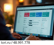 Online and modern technologies for simplifying the human resources system.Human resource manager checks the CV online to choose the perfect employee for his business. HR(human reso. Стоковое AI-изображение, AI-художник Sergey Grishin / Фотобанк Лори