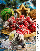 Kalina on gold tray and Christmas decorations. Стоковое фото, агентство Ingram Publishing / Фотобанк Лори