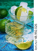 one glass alcoholic drink and lime fruits on wooden texture.Selective focus. alcoholic cocktail with additions of lime. Стоковое фото, агентство Ingram Publishing / Фотобанк Лори
