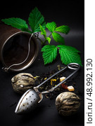 dry leaves of the tea infuser and accessories on black background. spilled tea . Стоковое фото, агентство Ingram Publishing / Фотобанк Лори
