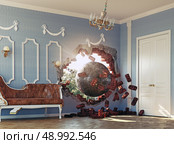 wrecking ball enters the room. 3d creative concept. Стоковое фото, агентство Ingram Publishing / Фотобанк Лори