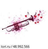 Romantic music background with trumpet, notes and red hearts. Стоковая иллюстрация, агентство Ingram Publishing / Фотобанк Лори