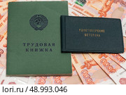 Трудовая книжка, Российские деньги и удостоверение ветерана. Стоковое фото, фотограф Игорь Низов / Фотобанк Лори