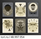 Set of poster, flyer, brochure design templates in gothic style. Symbol, sign for tattoo. Abstract modern backgrounds. Стоковая иллюстрация, агентство Ingram Publishing / Фотобанк Лори