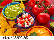 Mexican food nachos guacamole pico de gallo and dipping cheddar cheese. Стоковое фото, агентство Ingram Publishing / Фотобанк Лори