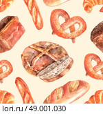 Fresh bread seamless decorative pattern. Bakery bread seamless wrap paper  pattern with round whole wheat loaf and pretzel pictograms abstract vector illustration. Стоковая иллюстрация, агентство Ingram Publishing / Фотобанк Лори