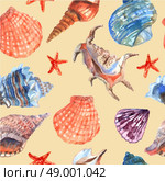 Marine shell seamless pattern. Marine shells and starfish on the sea beach summer vacation wallpaper decorative tileable abstract seamless vector illustration. Стоковая иллюстрация, агентство Ingram Publishing / Фотобанк Лори
