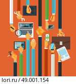 Long hands characters keys to teamwork success production process concept with computers poster flat abstract vector illustration. Long hands production process concept. Стоковая иллюстрация, агентство Ingram Publishing / Фотобанк Лори