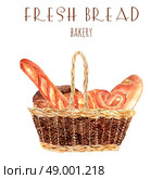Fresh bread baker basket illustration. Bakery bread advertisement poster with vintage  basket full fresh wheat round loafs and baguette abstract vector illustration. Стоковая иллюстрация, агентство Ingram Publishing / Фотобанк Лори