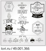 Retro doodle catchwords emblems whiteboard collection. Retro catchwords and romantic heart love emblem  on whiteboard black felt pen doodle style abstract vector illustration. Стоковая иллюстрация, агентство Ingram Publishing / Фотобанк Лори