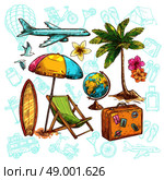 Travel sketch set with sunshade globe and palm vector illustration. Travel Sketch Set. Стоковая иллюстрация, агентство Ingram Publishing / Фотобанк Лори