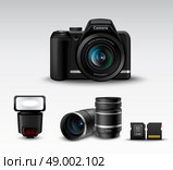 Realistic photo camera and flash lens sd card accessory set vector illustration. Camera And Accessory. Стоковая иллюстрация, агентство Ingram Publishing / Фотобанк Лори