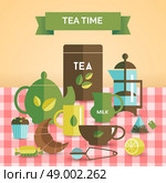 Tea time vintage decorative poster print. British traditional high tea time retro style poster with teapot croissant cupcake and  candies abstract vector illustration. Стоковая иллюстрация, агентство Ingram Publishing / Фотобанк Лори