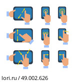 Tablets and smartphones touchscreen gestures turn select enlarge reduce icons set flat isolated vector illustration . Touchscreen gestures icons set. Стоковая иллюстрация, агентство Ingram Publishing / Фотобанк Лори