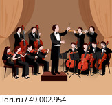 Symphonic orchestra with conductor violins chello and trumpet musicians flat vector illustration. Symphonic Orchestra Flat. Стоковая иллюстрация, агентство Ingram Publishing / Фотобанк Лори