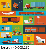 Freight transportation and delivery logistics flat icons set with  international operator complex service  abstract isolated vector illustration. Logistic icons set flat . Стоковая иллюстрация, агентство Ingram Publishing / Фотобанк Лори
