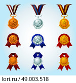 Medals and winner awards cartoon emblems set isolated vector illustration. Medals Cartoon Set. Стоковая иллюстрация, агентство Ingram Publishing / Фотобанк Лори