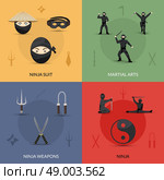 Ninja design concept set with suit weapon and martial arts flat icons isolated vector illustration. Ninja Icons Set. Стоковая иллюстрация, агентство Ingram Publishing / Фотобанк Лори
